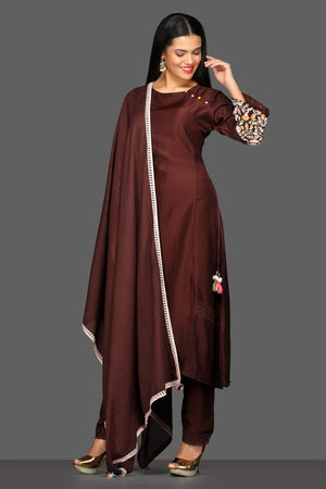 Shop dark brown embroidered pant suit online in USA with dupatta. Dazzle on weddings and special occasions with exquisite Indian designer dresses, sharara suits, Anarkali suits from Pure Elegance Indian fashion store in USA.-side