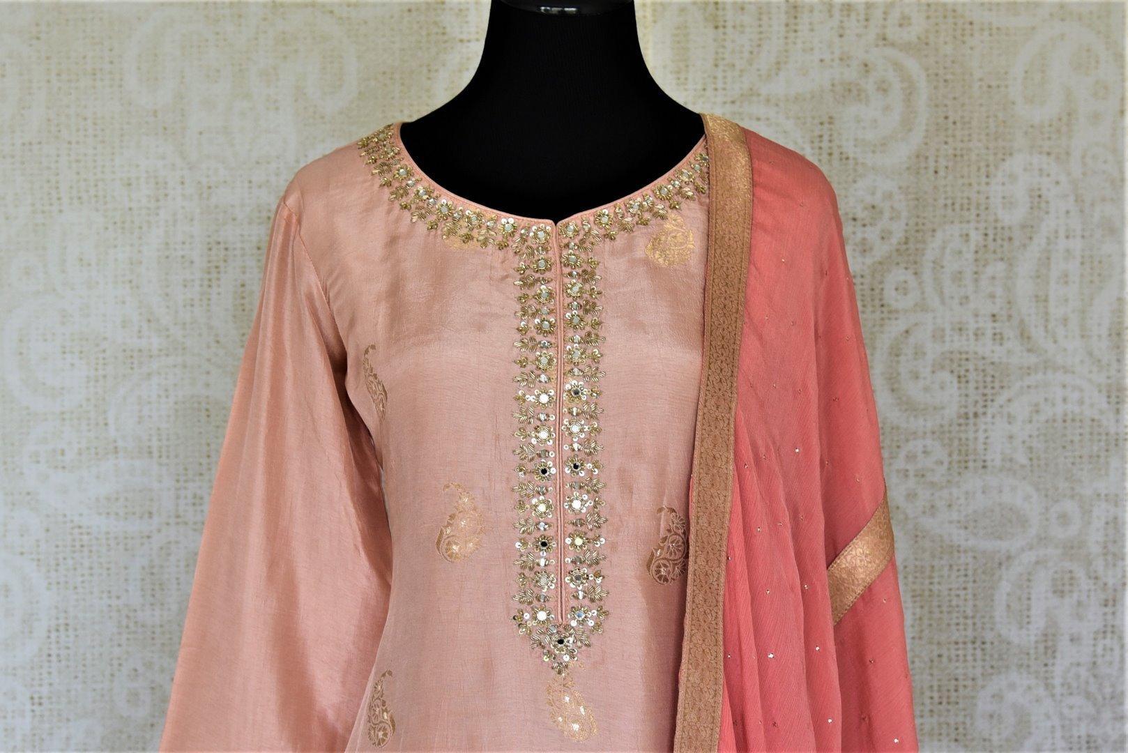 Shop elegant dusty pink embroidered silk palazzo suit online in USA with dupatta. Elevate your ethnic style on weddings and festive occasions with stunning designer Anarkali suits, sharara suits, palazzo suits, salwar suits from Pure Elegance Indian fashion boutique in USA.-front
