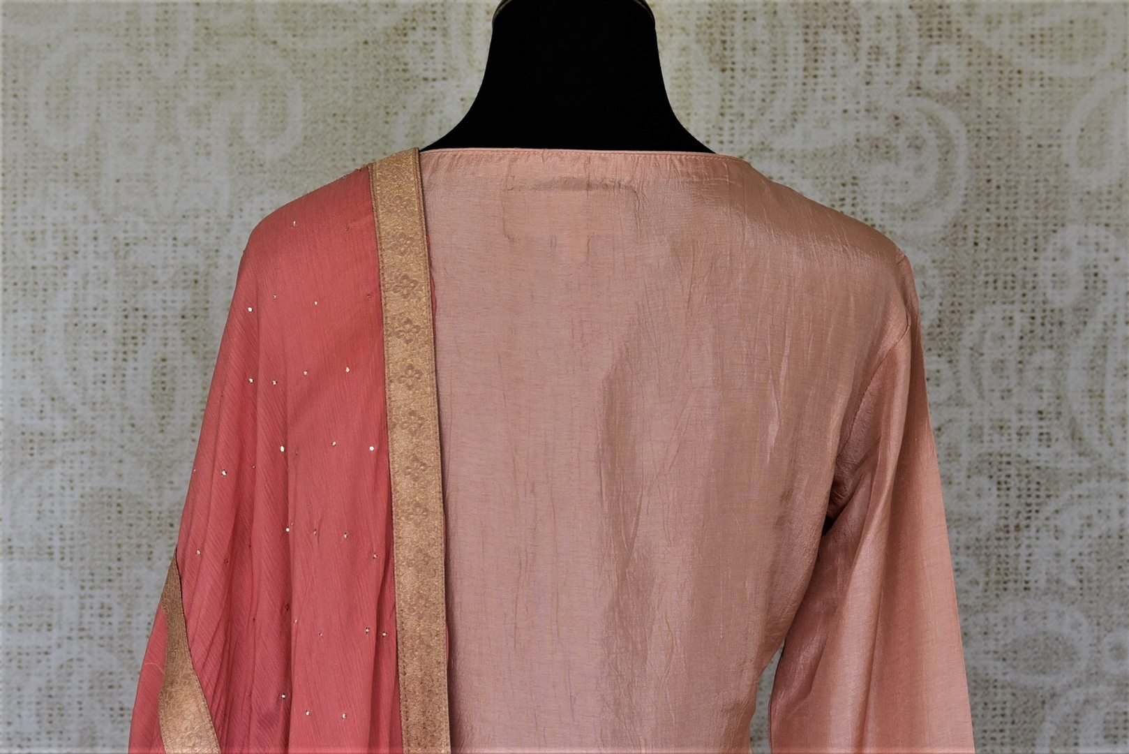 Shop elegant dusty pink embroidered silk palazzo suit online in USA with dupatta. Elevate your ethnic style on weddings and festive occasions with stunning designer Anarkali suits, sharara suits, palazzo suits, salwar suits from Pure Elegance Indian fashion boutique in USA.-back