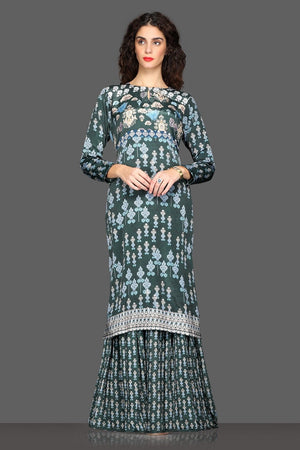 Shop elegant grey printed palazzo suit online in USA. Dazzle on weddings and special occasions with exquisite Indian designer dresses, sharara suits, Anarkali suits from Pure Elegance Indian fashion store in USA.-front