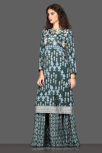 Shop elegant grey printed palazzo suit online in USA. Dazzle on weddings and special occasions with exquisite Indian designer dresses, sharara suits, Anarkali suits from Pure Elegance Indian fashion store in USA.-full view