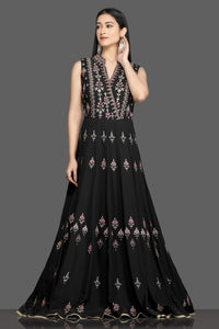 Shop gorgeous black embroidered sleeveless Anarkali gown online in USA. Flaunt your sartorial choices on special occasions with beautiful designer gowns, Anarkali suits, traditional salwar suits, Indian lehengas from Pure Elegance Indian fashion boutique in USA. -full view