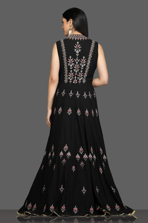 Shop gorgeous black embroidered sleeveless Anarkali gown online in USA. Flaunt your sartorial choices on special occasions with beautiful designer gowns, Anarkali suits, traditional salwar suits, Indian lehengas from Pure Elegance Indian fashion boutique in USA. -back