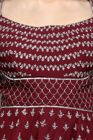 Buy stunning wine and white embroidered lehenga online in USA with white ruffle dupatta. Flaunt your sartorial choices on special occasions with beautiful designer gowns, Anarkali suits, traditional salwar suits, Indian lehengas from Pure Elegance Indian fashion boutique in USA. -closeup