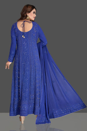 Buy beautiful indigo blue Lucknowi chikankari work Anarkali suit online in USA. Flaunt your sartorial choice with beautiful embroidered Anarkali, sharara suits, designer lehengas, designer gowns from Pure Elegance Indian saree store in USA.-back
