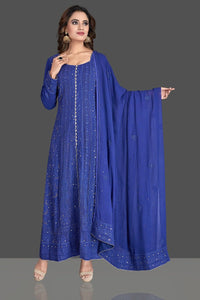 Buy beautiful indigo blue Lucknowi chikankari work Anarkali suit online in USA. Flaunt your sartorial choice with beautiful embroidered Anarkali, sharara suits, designer lehengas, designer gowns from Pure Elegance Indian saree store in USA.-full view