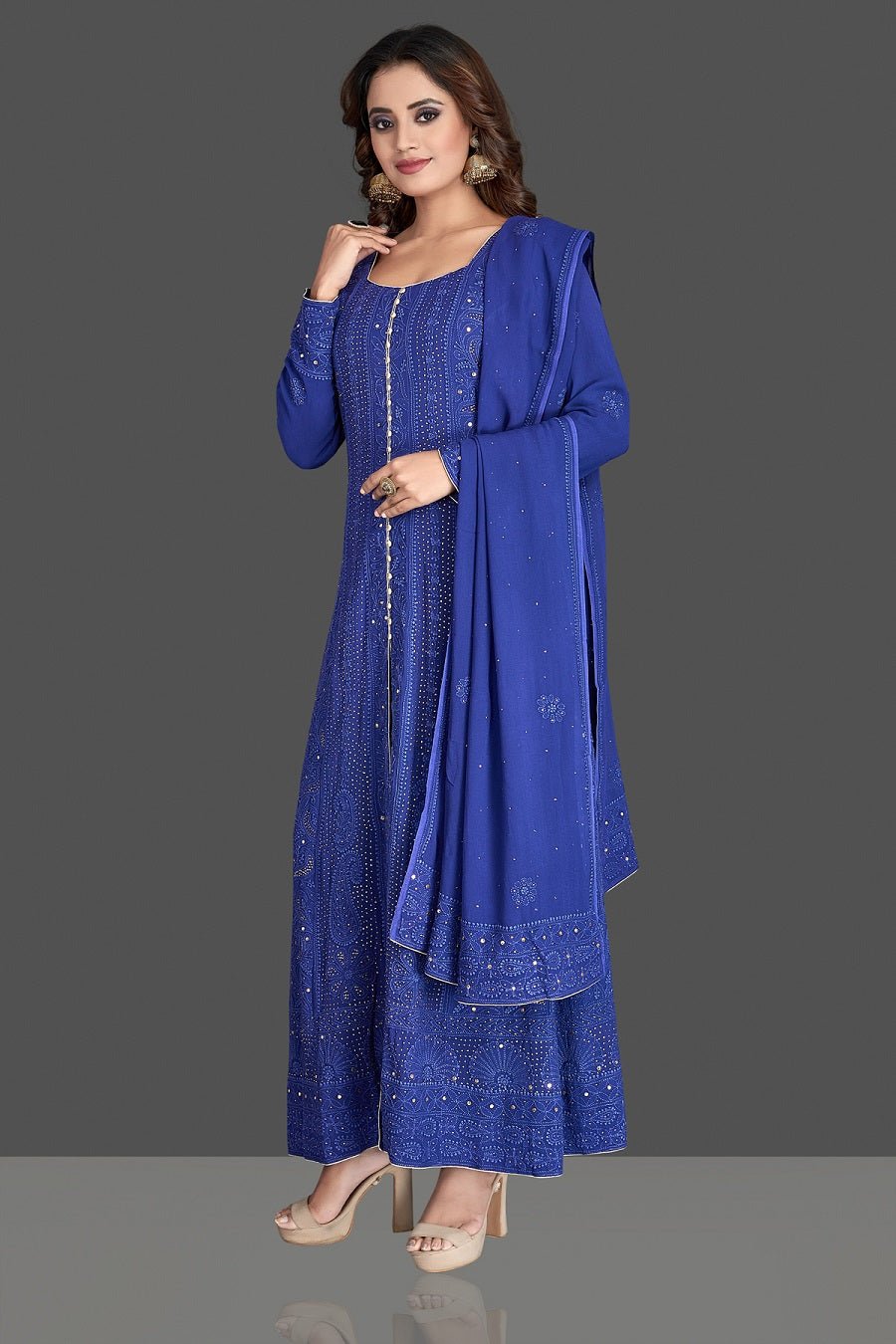 Buy beautiful indigo blue Lucknowi chikankari work Anarkali suit online in USA. Flaunt your sartorial choice with beautiful embroidered Anarkali, sharara suits, designer lehengas, designer gowns from Pure Elegance Indian saree store in USA.-side