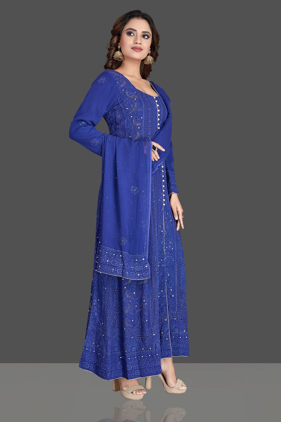Buy beautiful indigo blue Lucknowi chikankari work Anarkali suit online in USA. Flaunt your sartorial choice with beautiful embroidered Anarkali, sharara suits, designer lehengas, designer gowns from Pure Elegance Indian saree store in USA.-right