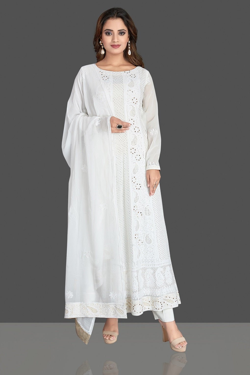 Buy stunning white georgette Lucknowi chikankari Anarkali suit online in USA. Flaunt your sartorial choice with beautiful embroidered Anarkali, sharara suits, designer lehengas, designer gowns from Pure Elegance Indian saree store in USA.-full view