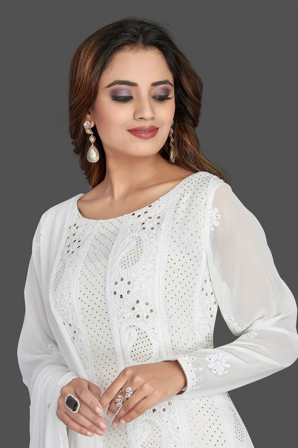 Buy stunning white georgette Lucknowi chikankari Anarkali suit online in USA. Flaunt your sartorial choice with beautiful embroidered Anarkali, sharara suits, designer lehengas, designer gowns from Pure Elegance Indian saree store in USA.-closeup