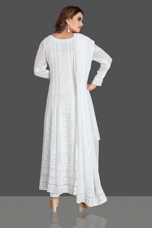 Buy gorgeous white georgette Lucknowi chikankari work Anarkali suit online in USA. Flaunt your sartorial choice with beautiful embroidered Anarkali, sharara suits, designer lehengas, designer gowns from Pure Elegance Indian saree store in USA.-back