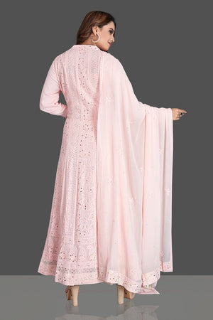 Shop beautiful powder pink Lucknowi chikankari work georgette Anarkali suit online in USA. Flaunt your sartorial choice with beautiful embroidered Anarkali, sharara suits, designer lehengas, designer gowns from Pure Elegance Indian saree store in USA.-back