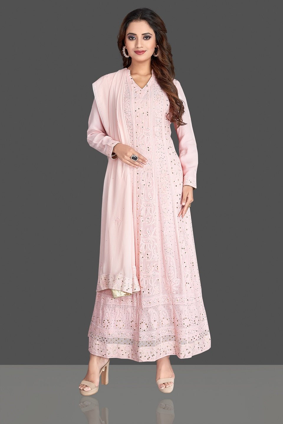 Shop beautiful powder pink Lucknowi chikankari work georgette Anarkali suit online in USA. Flaunt your sartorial choice with beautiful embroidered Anarkali, sharara suits, designer lehengas, designer gowns from Pure Elegance Indian saree store in USA.-full view\