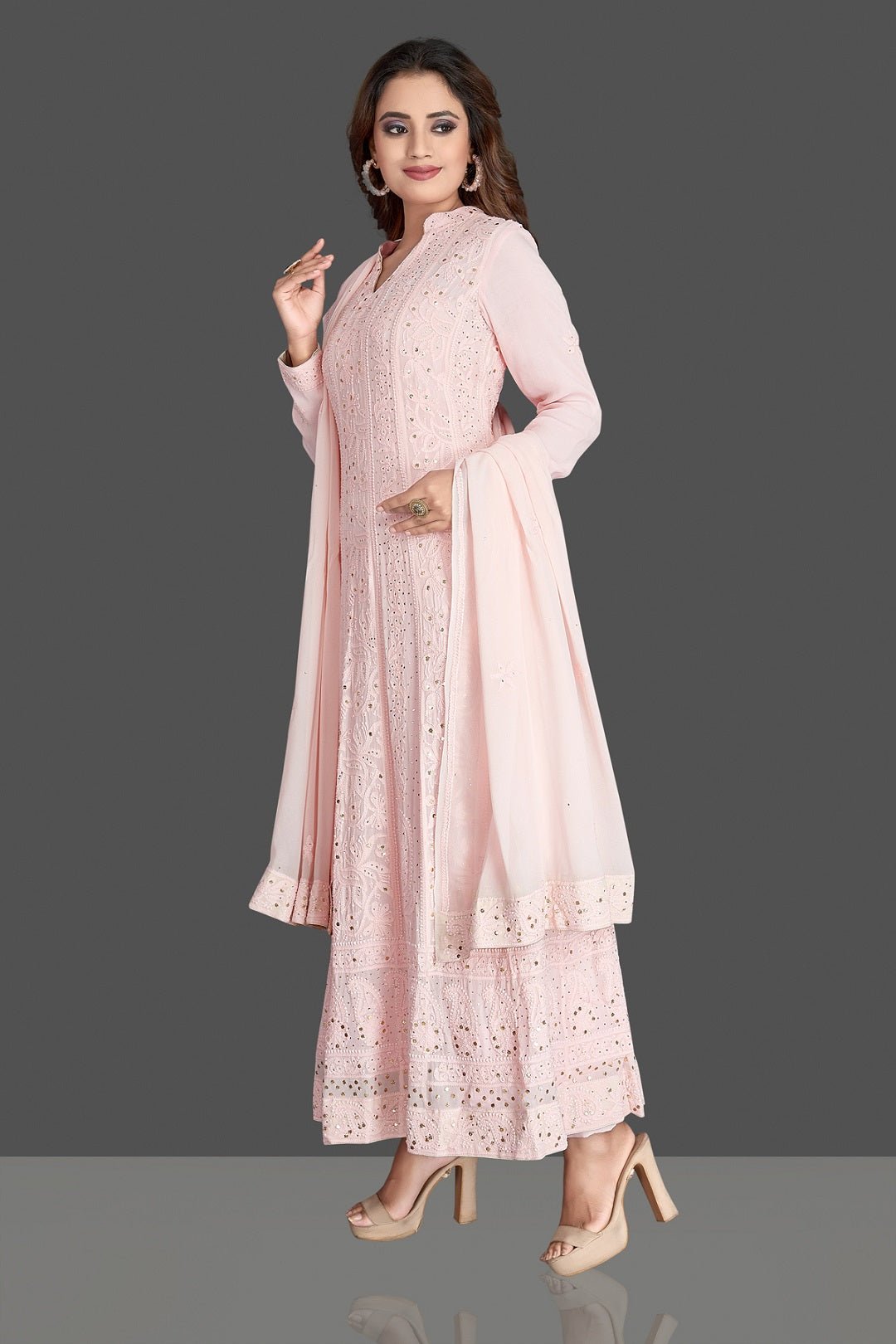 502645 Powder Pink Lucknowi Work Georgette Anarkali Suit