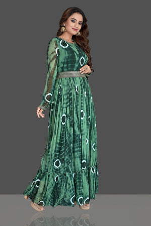 Buy stunning green bandhej georgette one piece dress online in USA. Elevate your Indian style with beautiful designer dresses, Indowestern outfits, designer salwar suits from Pure Elegance Indian fashion store in USA.-side look