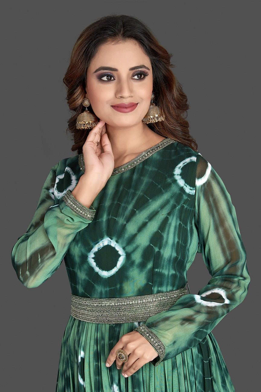 Buy stunning green bandhej georgette one piece dress online in USA. Elevate your Indian style with beautiful designer dresses, Indowestern outfits, designer salwar suits from Pure Elegance Indian fashion store in USA.-closeup