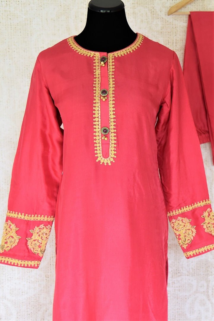 Buy pink embroidered designer silk suit online in USA with dupatta. Complete your ethnic look on special occasions with stunning designer Indian suits, Anarkali suits, designer dresses in USA from Pure Elegance Indian fashion store in USA.-full view