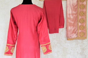 Buy pink embroidered designer silk suit online in USA with dupatta. Complete your ethnic look on special occasions with stunning designer Indian suits, Anarkali suits, designer dresses in USA from Pure Elegance Indian fashion store in USA.-back