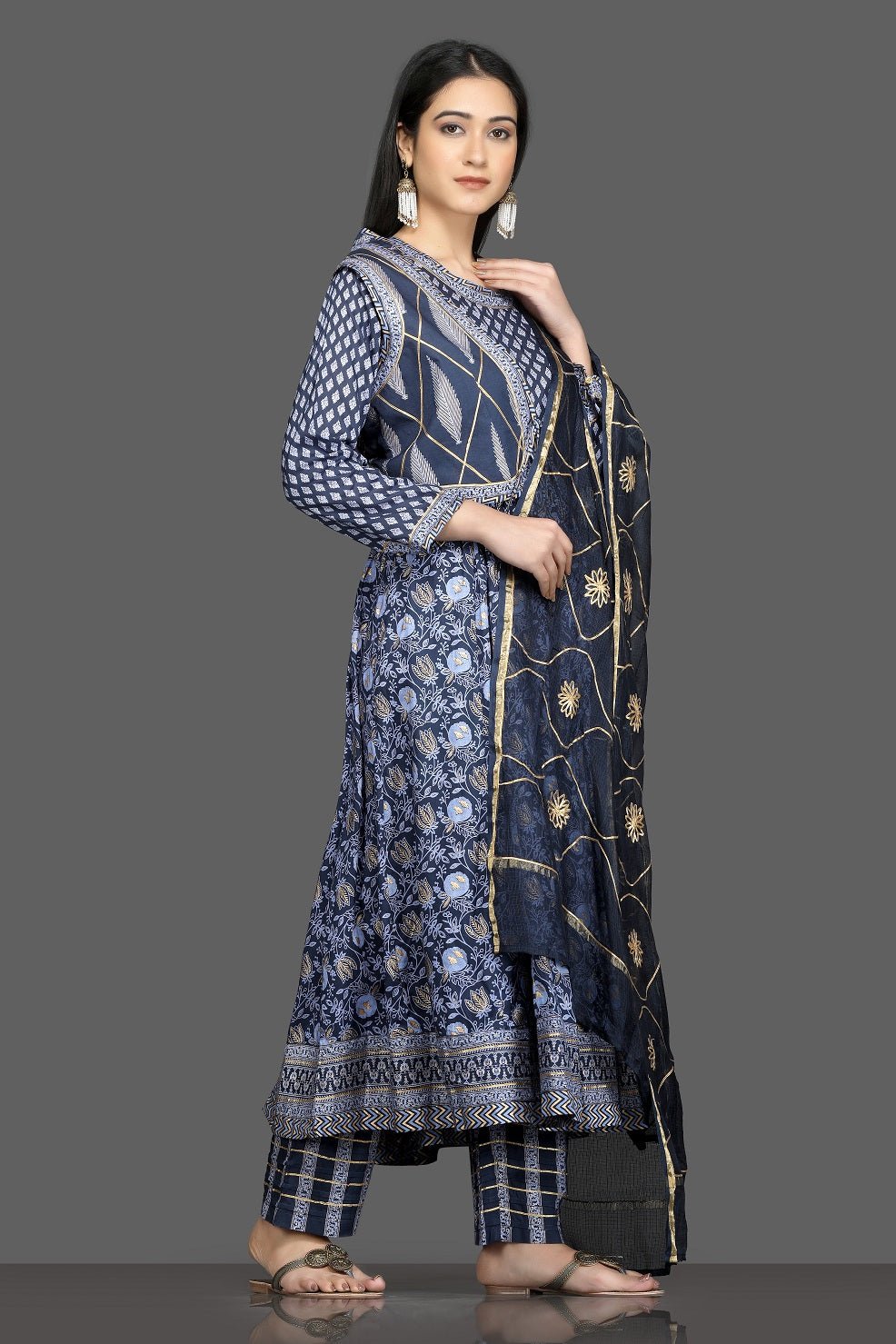 Shop beautiful blue printed silk suit online in USA with waist coat and dupatta. Shop for parties and festive occasions stunning designer suits, Anarkali suits, designer gowns, wedding lehengas from Pure Elegance Indian fashion store in USA.-side