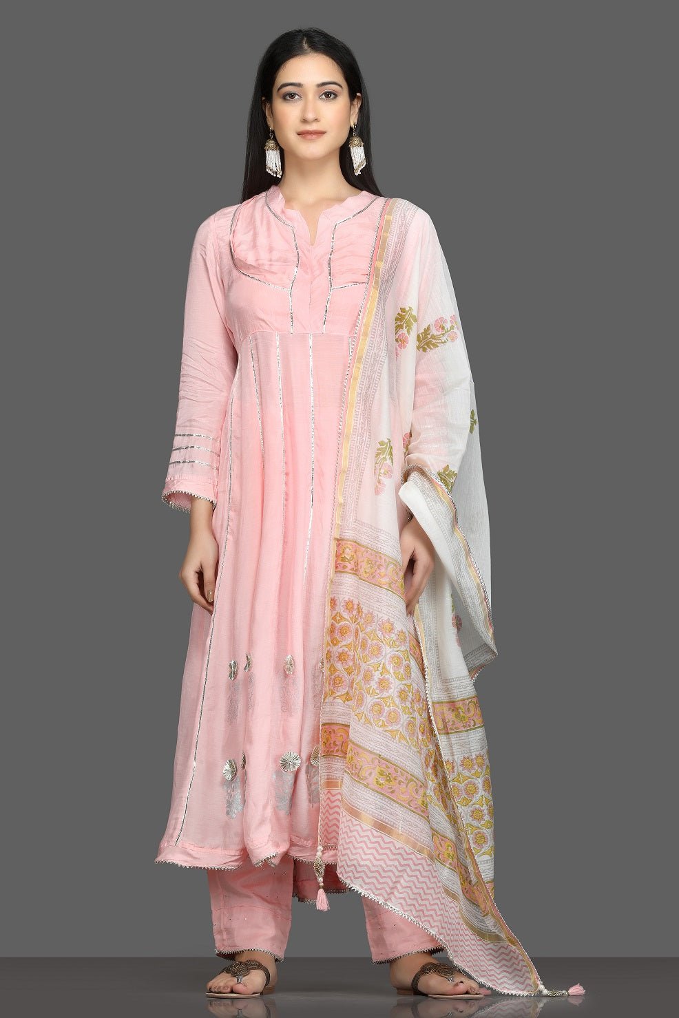 Shop stunning pink gota work silk suit online in USA with white printed dupatta. Shop for parties and festive occasions stunning designer suits, Anarkali suits, designer gowns, wedding lehengas from Pure Elegance Indian fashion store in USA.-full view