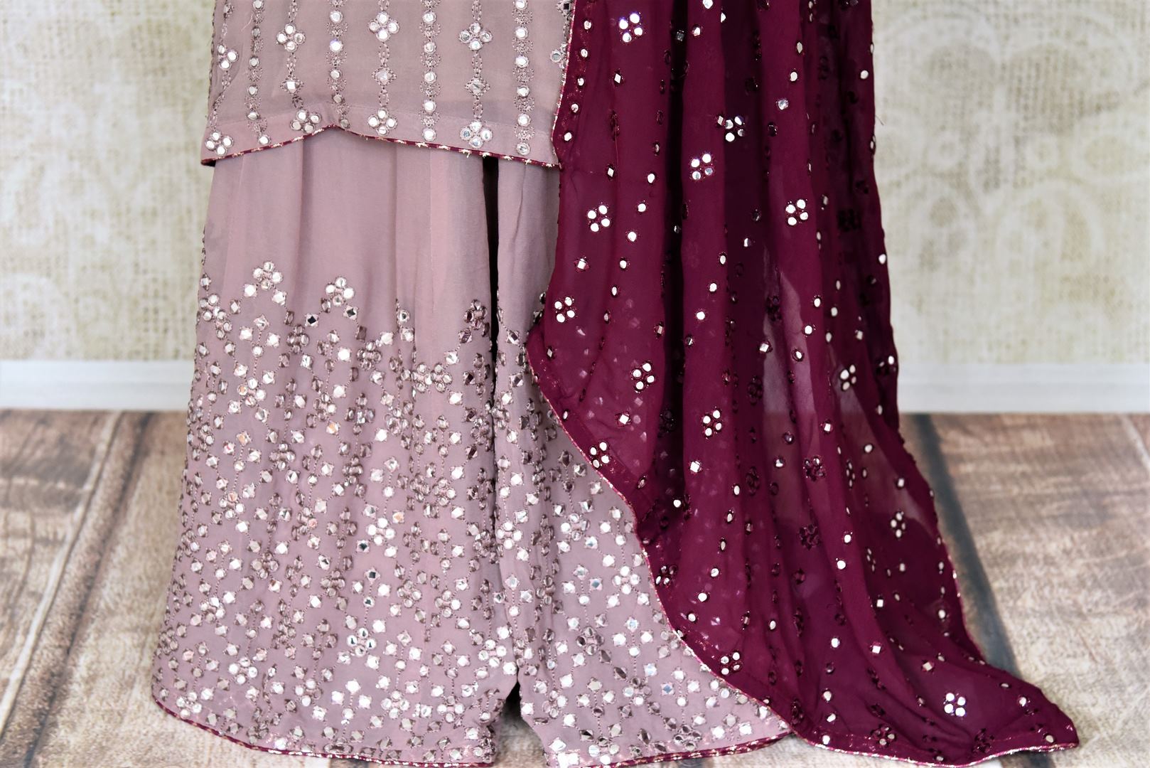 Buy stunning mauve pink embroidered chiffon sharara suit online in USA with wine color dupatta. Complete your ethnic look on special occasions with stunning designer Indian suits, Anarkali suits, designer dresses in USA from Pure Elegance Indian fashion store in USA.-bottom