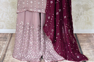 Buy stunning mauve pink embroidered chiffon sharara suit online in USA with wine color dupatta. Complete your ethnic look on special occasions with stunning designer Indian suits, Anarkali suits, designer dresses in USA from Pure Elegance Indian fashion store in USA.-bottom