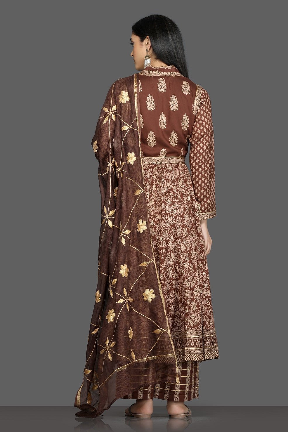 Buy beautiful brown printed silk Anarkali suit online in USA with waist jacket and dupatta. Shop for parties and festive occasions stunning designer suits, Anarkali suits, designer gowns, wedding lehengas from Pure Elegance Indian fashion store in USA.-back