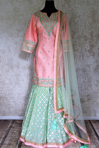 Buy gorgeous light pink and mint green hand embroidery silk suit online in USA with dupatta. Complete your ethnic look on special occasions with stunning designer Indian suits, Anarkali suits, designer dresses in USA from Pure Elegance Indian fashion store in USA.-full view