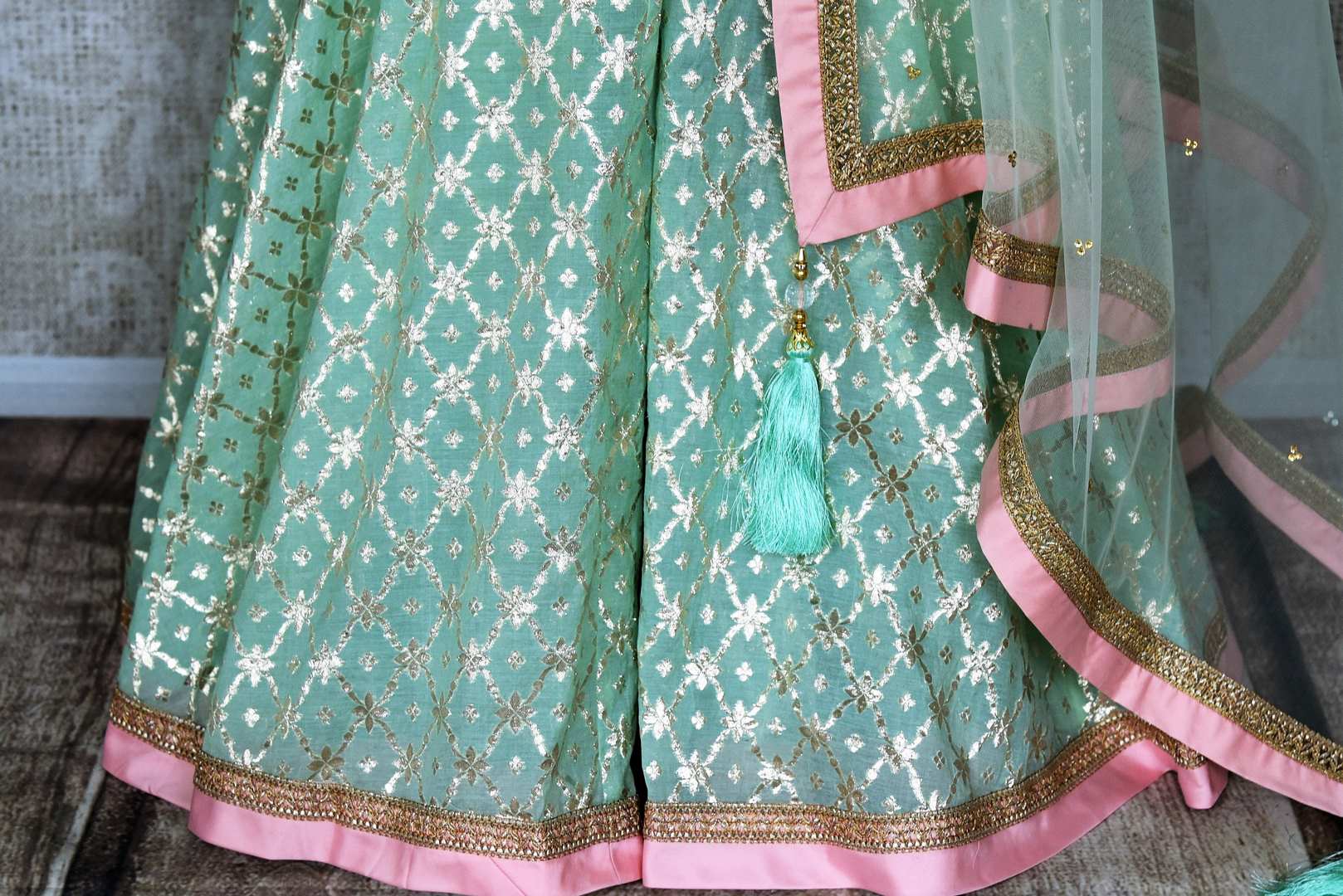 Buy gorgeous light pink and mint green hand embroidery silk suit online in USA with dupatta. Complete your ethnic look on special occasions with stunning designer Indian suits, Anarkali suits, designer dresses in USA from Pure Elegance Indian fashion store in USA.-bottom