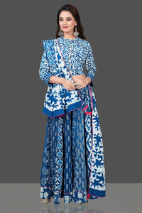 Buy beautiful blue and white Bagru block print skirt set with dupatta. Shop designer Indian clothing, wedding lehengas, designer Anarkali, gharara suits, Indian dresses in USA from Pure Elegance Indian fashions store for parties and special occasions.-full view