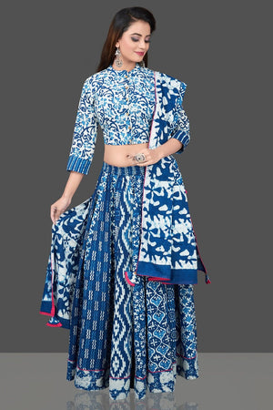 Buy gorgeous blue and white Bagru printed skirt set online in USA with dupatta. Shop designer Indian clothing, wedding lehengas, designer Anarkali, gharara suits, Indian dresses in USA from Pure Elegance Indian fashions store for parties and special occasions.-front