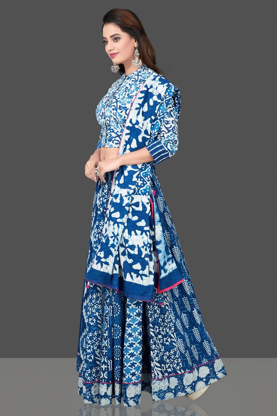 Buy gorgeous blue and white Bagru printed skirt set online in USA with dupatta. Shop designer Indian clothing, wedding lehengas, designer Anarkali, gharara suits, Indian dresses in USA from Pure Elegance Indian fashions store for parties and special occasions.-full view