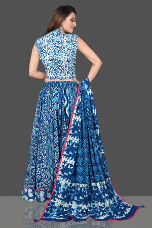 Buy beautiful blue and white Bagru block printed skirt set online in USA with dupatta. Shop designer Indian clothing, lehengas, designer Anarkali, gharara suits, Indian dresses in USA from Pure Elegance Indian fashions store for parties and special occasions.-back