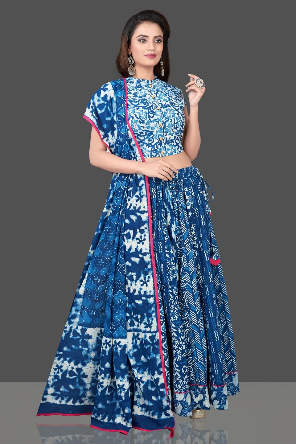 Buy beautiful blue and white Bagru block printed skirt set online in USA with dupatta. Shop designer Indian clothing, lehengas, designer Anarkali, gharara suits, Indian dresses in USA from Pure Elegance Indian fashions store for parties and special occasions.-full view
