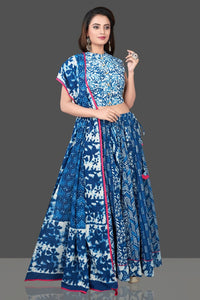 Buy beautiful blue and white Bagru block printed skirt set online in USA with dupatta. Shop designer Indian clothing, lehengas, designer Anarkali, gharara suits, Indian dresses in USA from Pure Elegance Indian fashions store for parties and special occasions.-full view