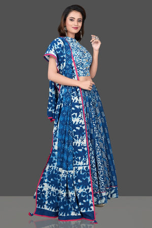 Buy beautiful blue and white Bagru block printed skirt set online in USA with dupatta. Shop designer Indian clothing, lehengas, designer Anarkali, gharara suits, Indian dresses in USA from Pure Elegance Indian fashions store for parties and special occasions.-side