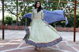 Buy beautiful light yellow floral Bagru block print skirt set with dupatta. Shop designer Indian clothing, designer lehengas, designer Anarkali, gharara suits, palazzo suits, Indian dresses in USA from Pure Elegance Indian fashions store for parties and special occasions.-full view