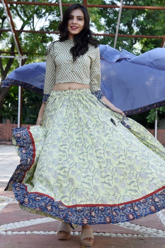 502666-RO Light Yellow Floral Bagru Block Print Skirt Set with Dupatta