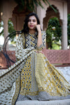 Buy gorgeous mustard Bagru block print skirt set with matching dupatta. Shop designer Indian clothing, designer lehengas, designer Anarkali, gharara suits, palazzo suits, Indian dresses in USA from Pure Elegance Indian fashions store for parties and special occasions.-front