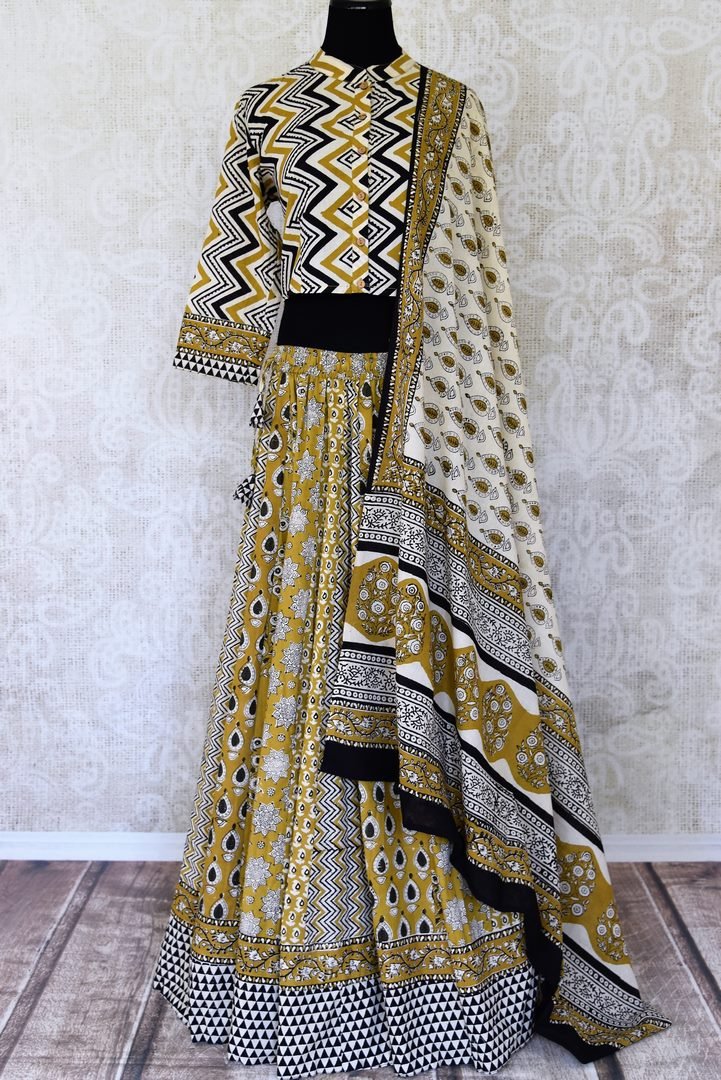 Buy gorgeous mustard Bagru block print skirt set with matching dupatta. Shop designer Indian clothing, designer lehengas, designer Anarkali, gharara suits, palazzo suits, Indian dresses in USA from Pure Elegance Indian fashions store for parties and special occasions.-pic 1