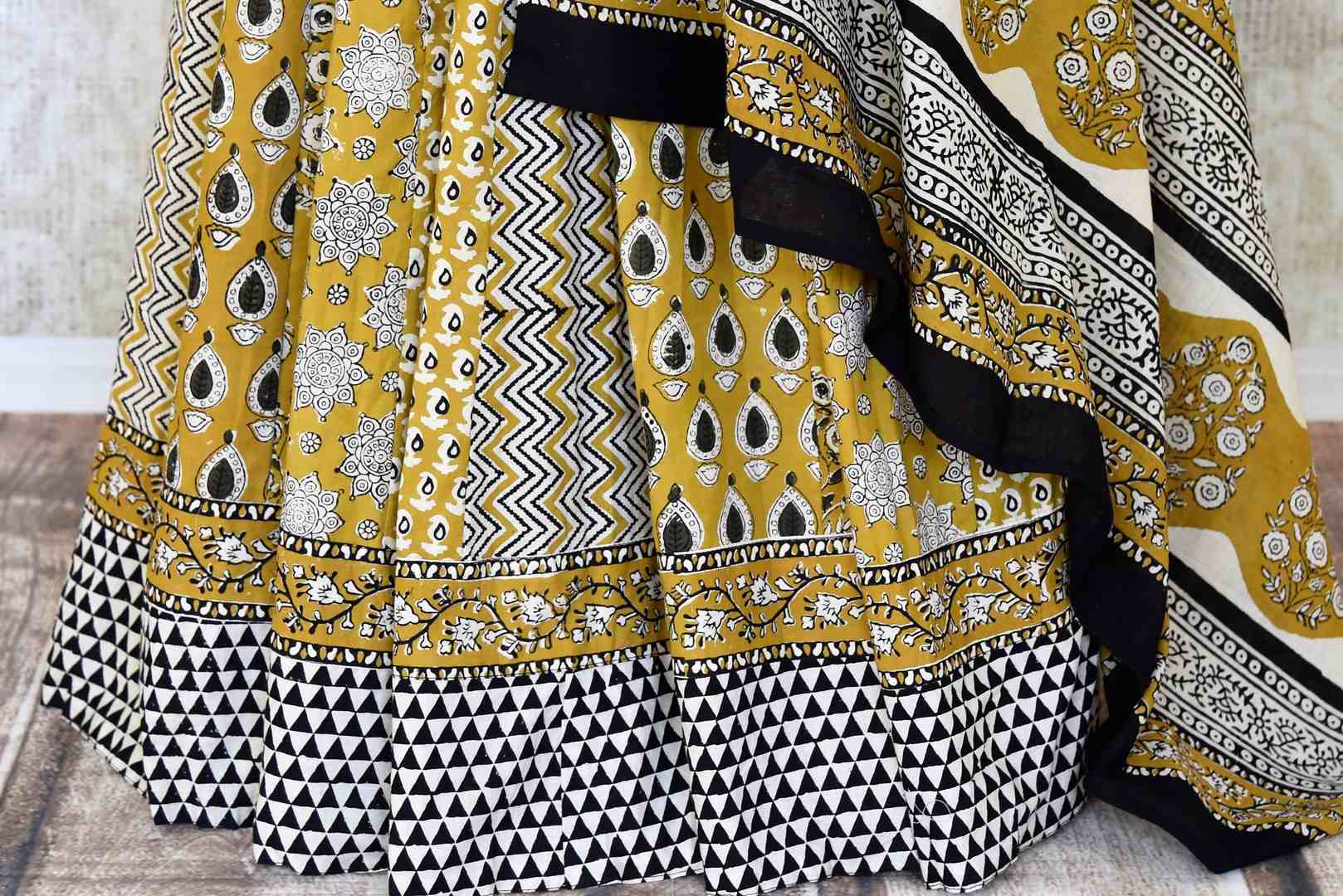 Buy gorgeous mustard Bagru block print skirt set with matching dupatta. Shop designer Indian clothing, designer lehengas, designer Anarkali, gharara suits, palazzo suits, Indian dresses in USA from Pure Elegance Indian fashions store for parties and special occasions.-pic 4