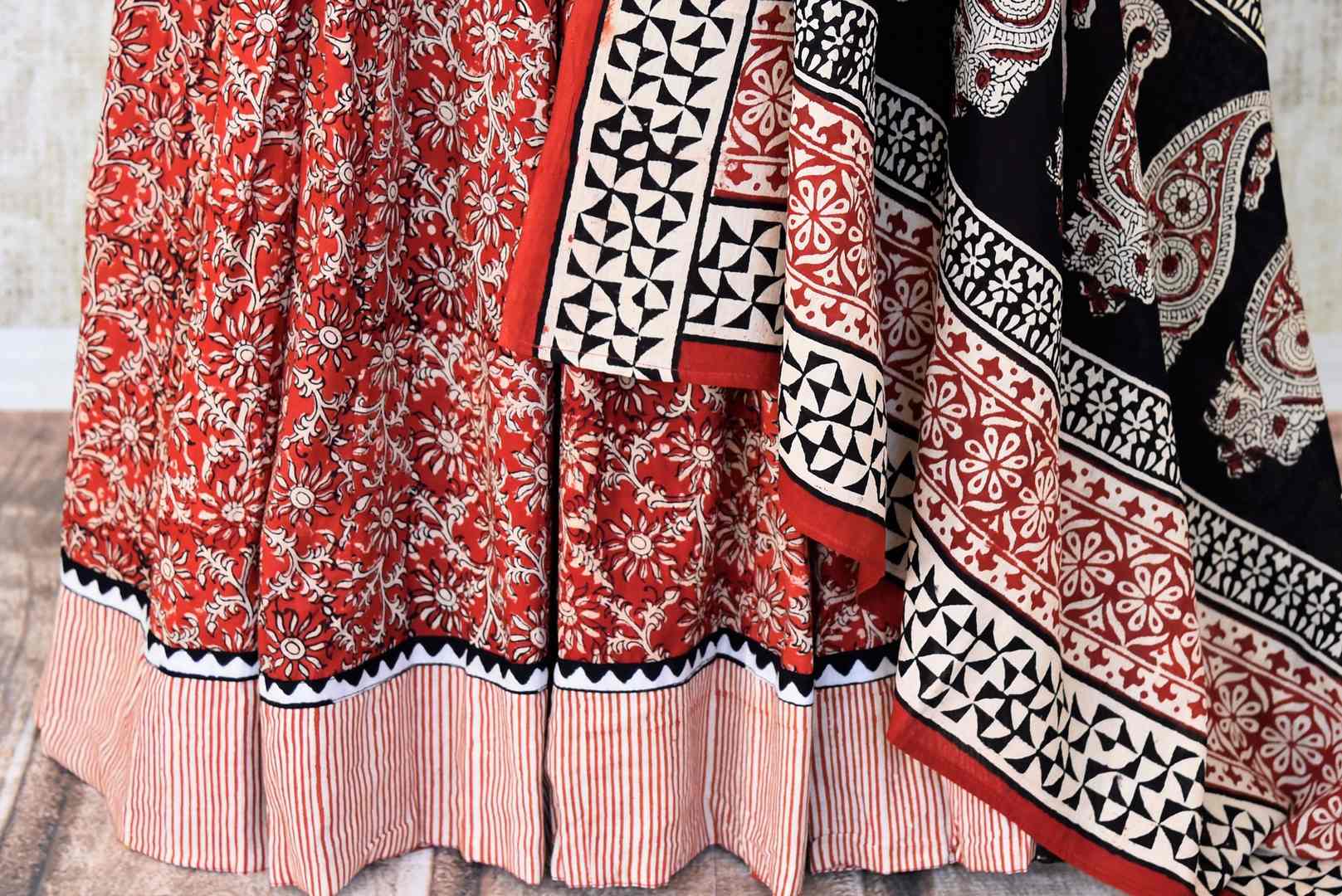Shop gorgeous red Bagru block print skirt set with matching dupatta. Shop designer Indian clothing, designer lehengas, designer Anarkali, gharara suits, palazzo suits, Indian dresses in USA from Pure Elegance Indian fashions store for parties and special occasions.-pic 4