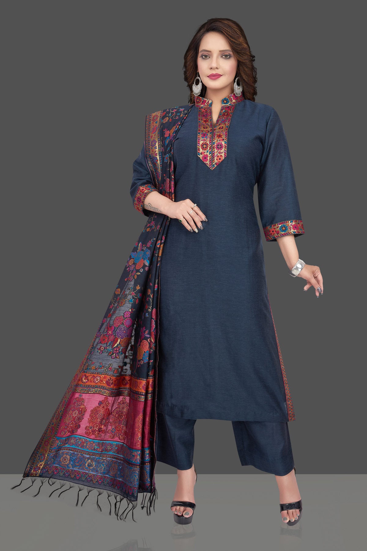 Buy stunning blue Kani silk palazzo suit online in USA with dupatta. Look beautiful on weddings and special occasions in stunning designer suits, designer Anarkali suits, sharara suits, wedding lehengas from Pure Elegance Indian fashion store in USA.-full view