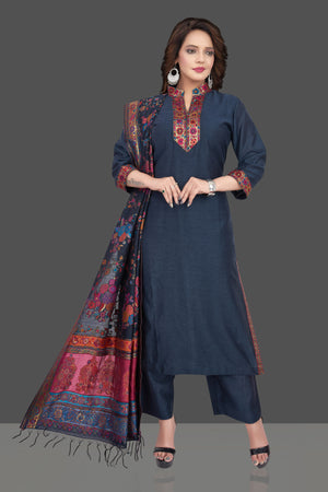 Buy stunning blue Kani silk palazzo suit online in USA with dupatta. Look beautiful on weddings and special occasions in stunning designer suits, designer Anarkali suits, sharara suits, wedding lehengas from Pure Elegance Indian fashion store in USA.-front