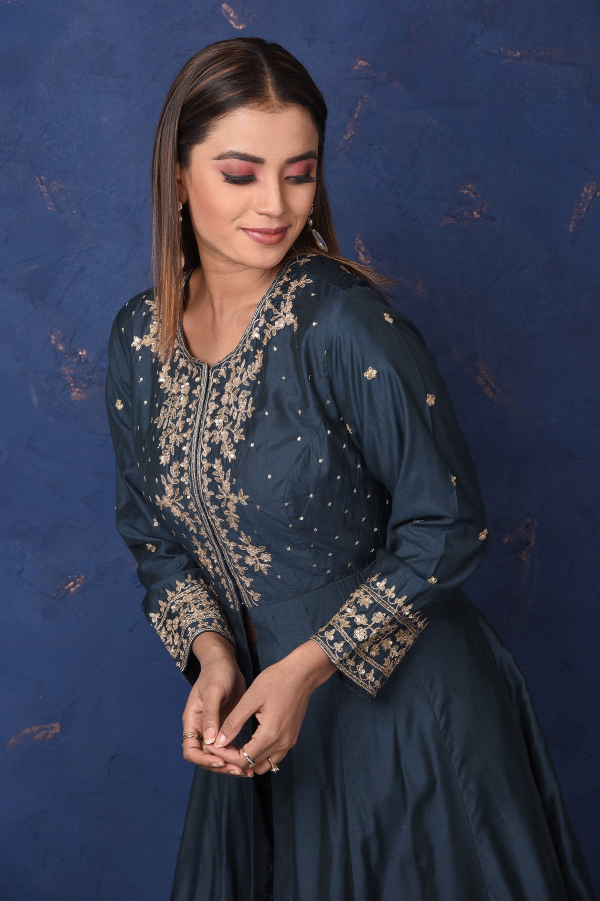 Buy beautiful dark blue embroidered sharara suit online in USA with dupatta, Be the center of attraction on festive occasions in beautiful designer suits, dresses, lehengas, designer gowns, from Pure Elegance Indian fashion store in USA.-closeup