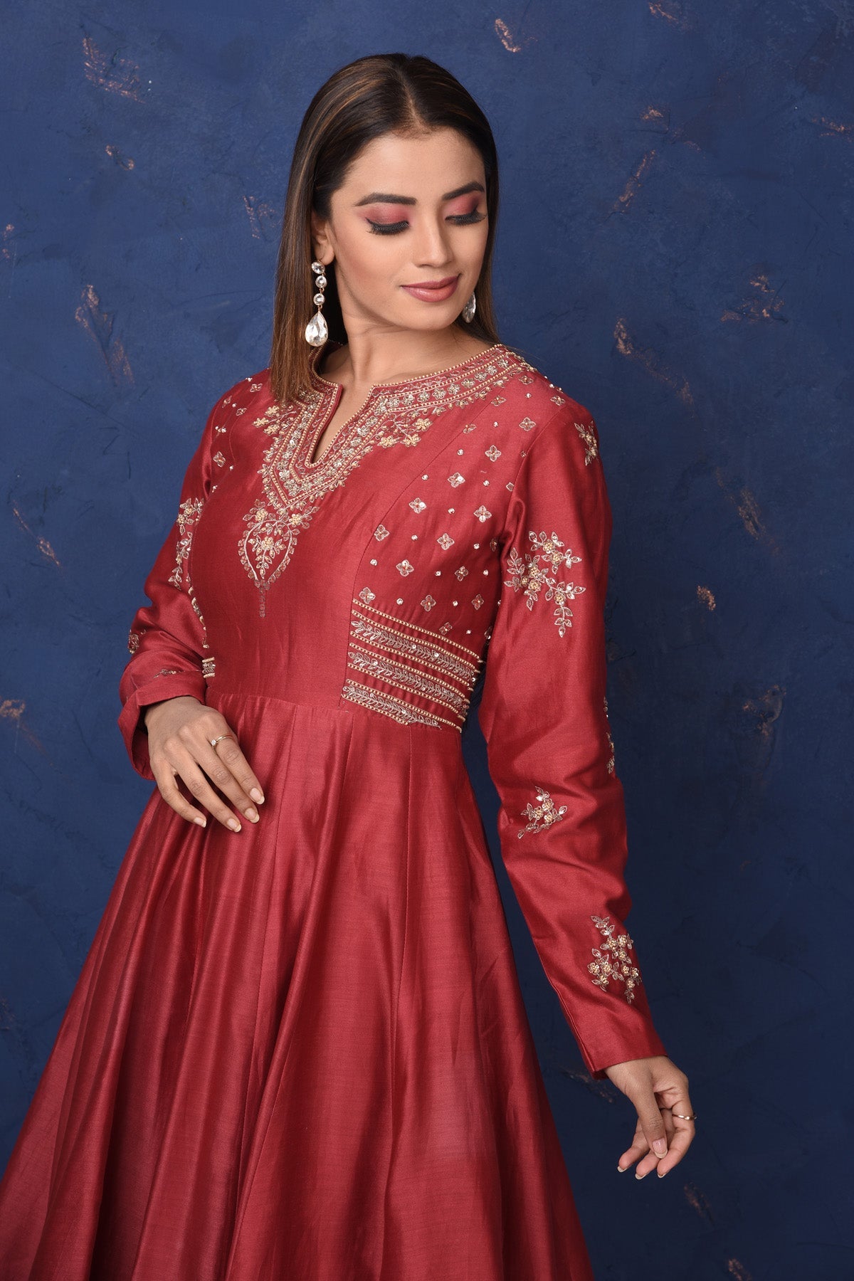 Shop gorgeous maroon embroidered sharara suit online in USA with dupatta, Be the center of attraction on festive occasions in beautiful designer suits, dresses, lehengas, designer gowns, from Pure Elegance Indian fashion store in USA.-closeup