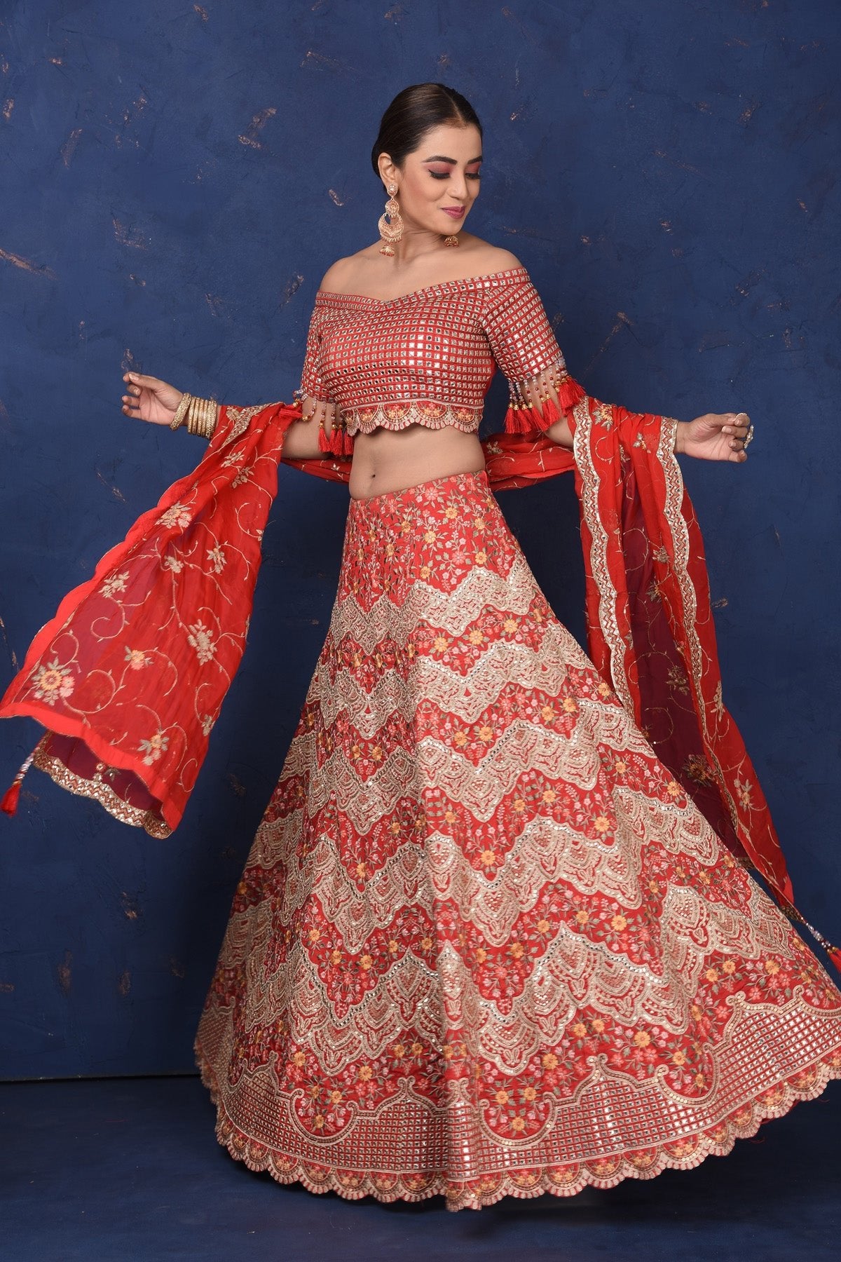 Fluorescent Pink Digital Printed Lehenga and One Shoulder Crop Top in Chinon