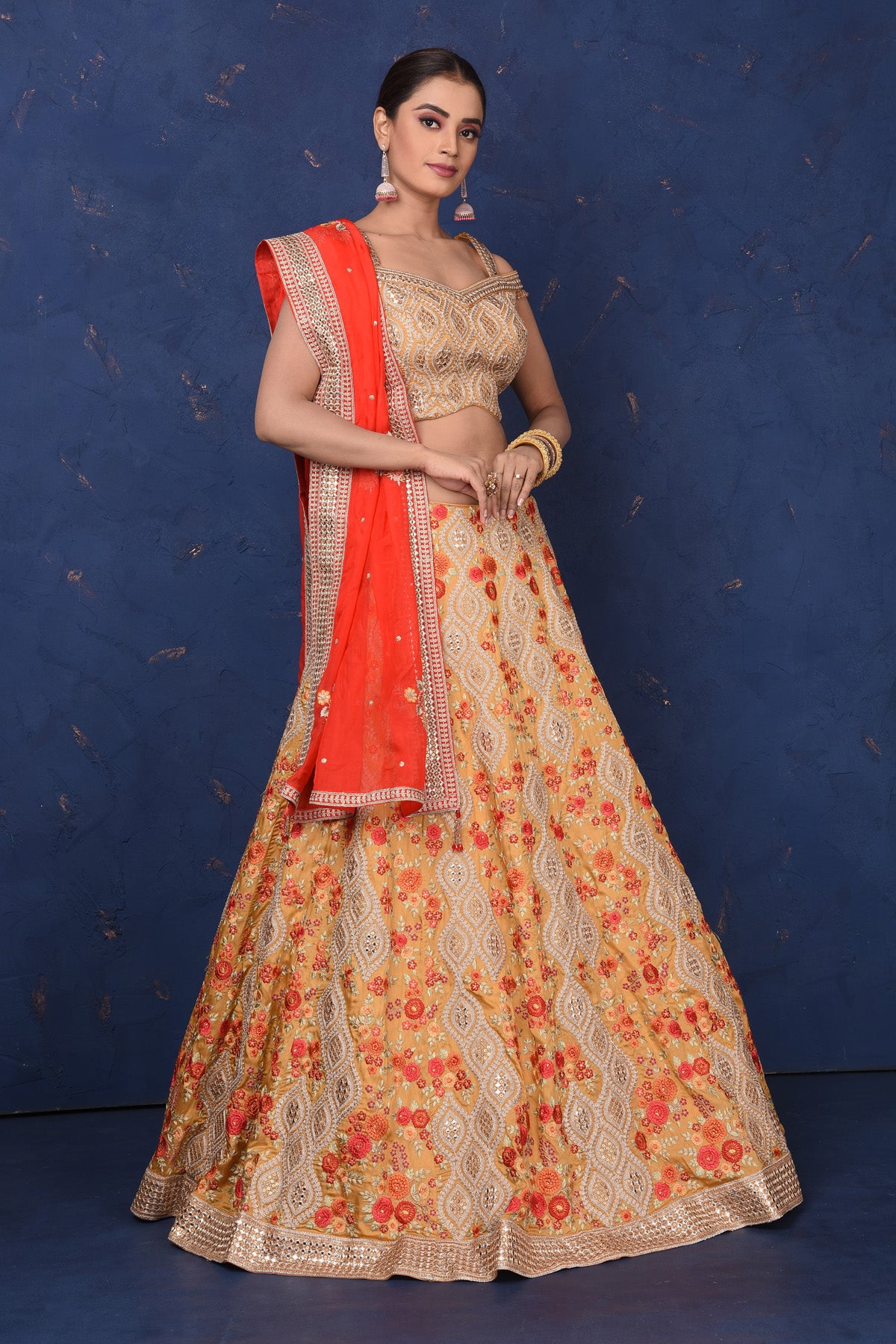 Shop stunning beige designer lehenga online in USA with floral embroidery, Be the center of attraction on festive occasions in beautiful designer suits, dresses, lehengas, designer gowns, from Pure Elegance Indian fashion store in USA.-dupatta