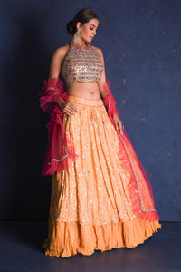 Shop beautiful mustard and golden embroidered contemporary lehenga online in USA. Set fashion goals on special occasions in exclusive designer lehengas, Indian suits, Anarkali dresses, designer gowns, bridal lehengas from Pure Elegance Indian fashion store in USA.-full view