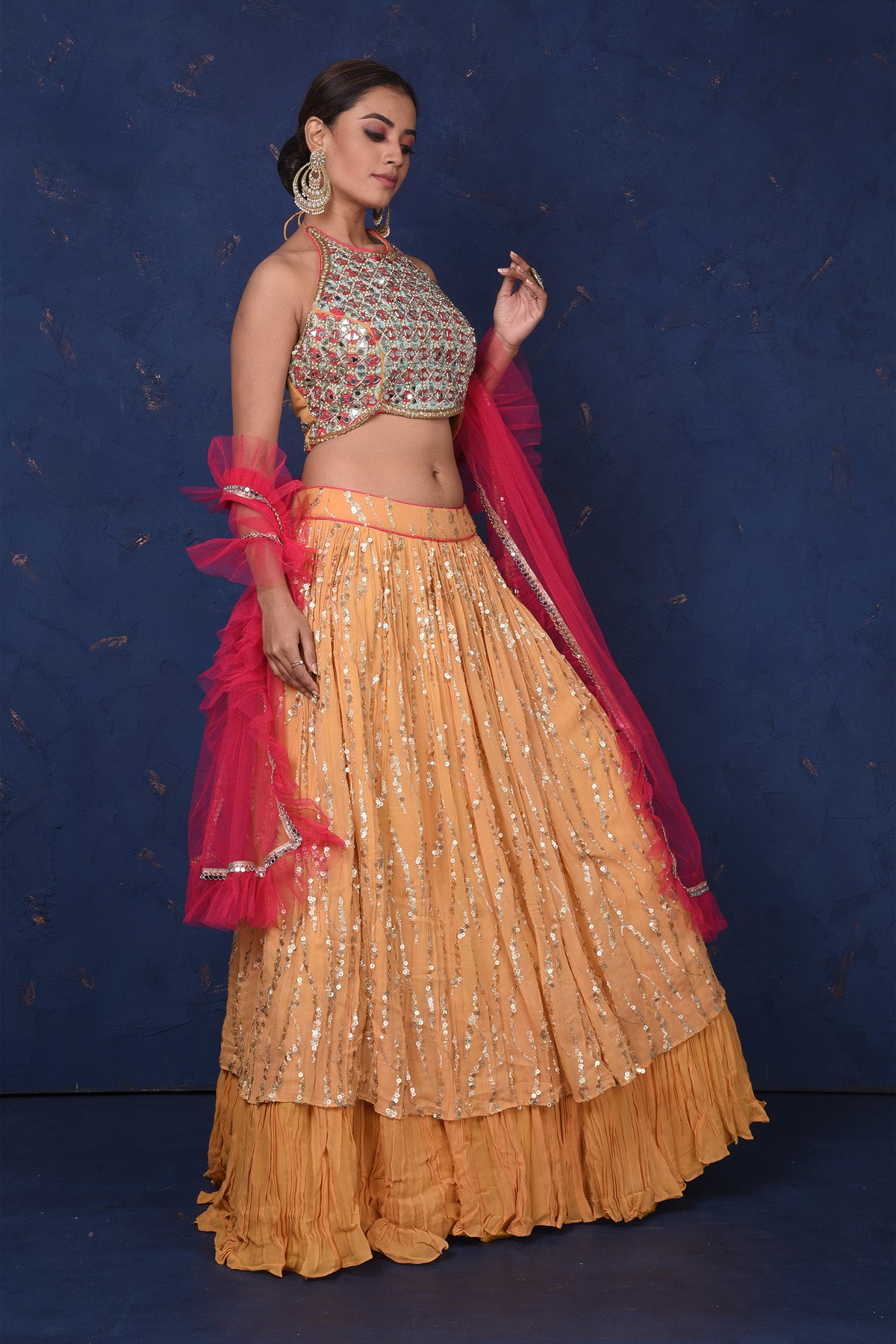 Shop beautiful mustard and golden embroidered contemporary lehenga online in USA. Set fashion goals on special occasions in exclusive designer lehengas, Indian suits, Anarkali dresses, designer gowns, bridal lehengas from Pure Elegance Indian fashion store in USA.-side